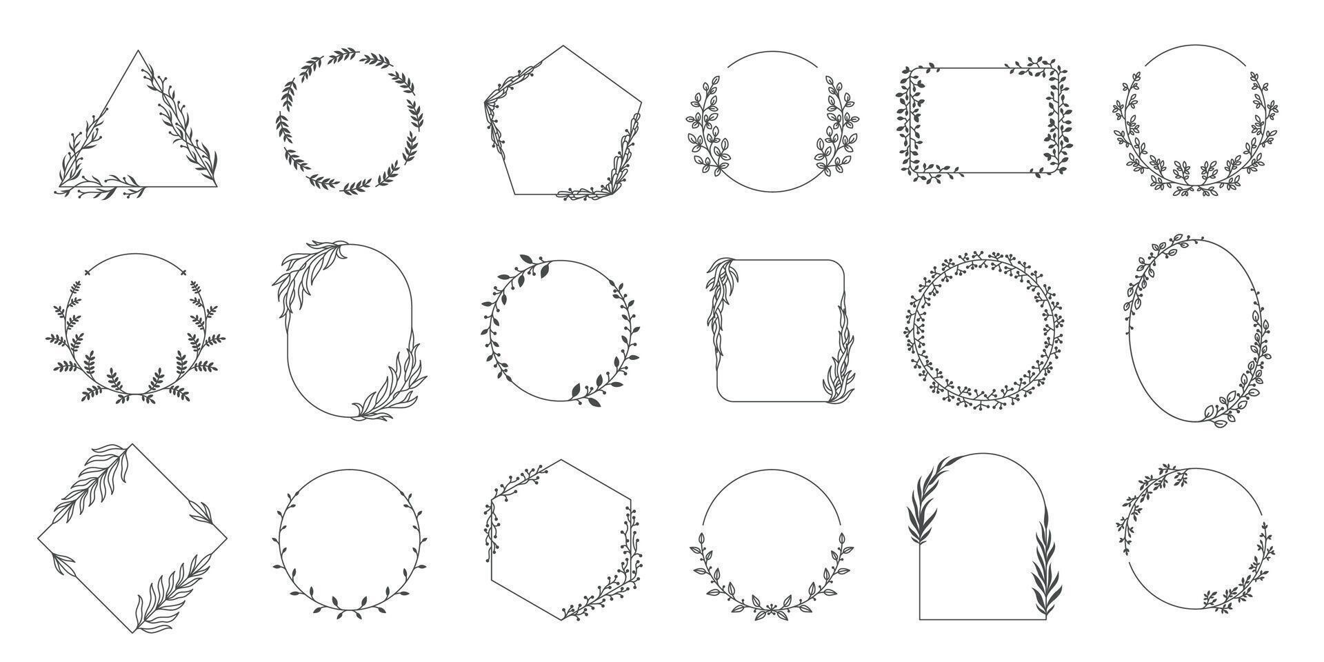Floral frames. Square and round leaf border decorative elegant elements for wedding invitation card, simple ornamental wreath. Vector laurel set