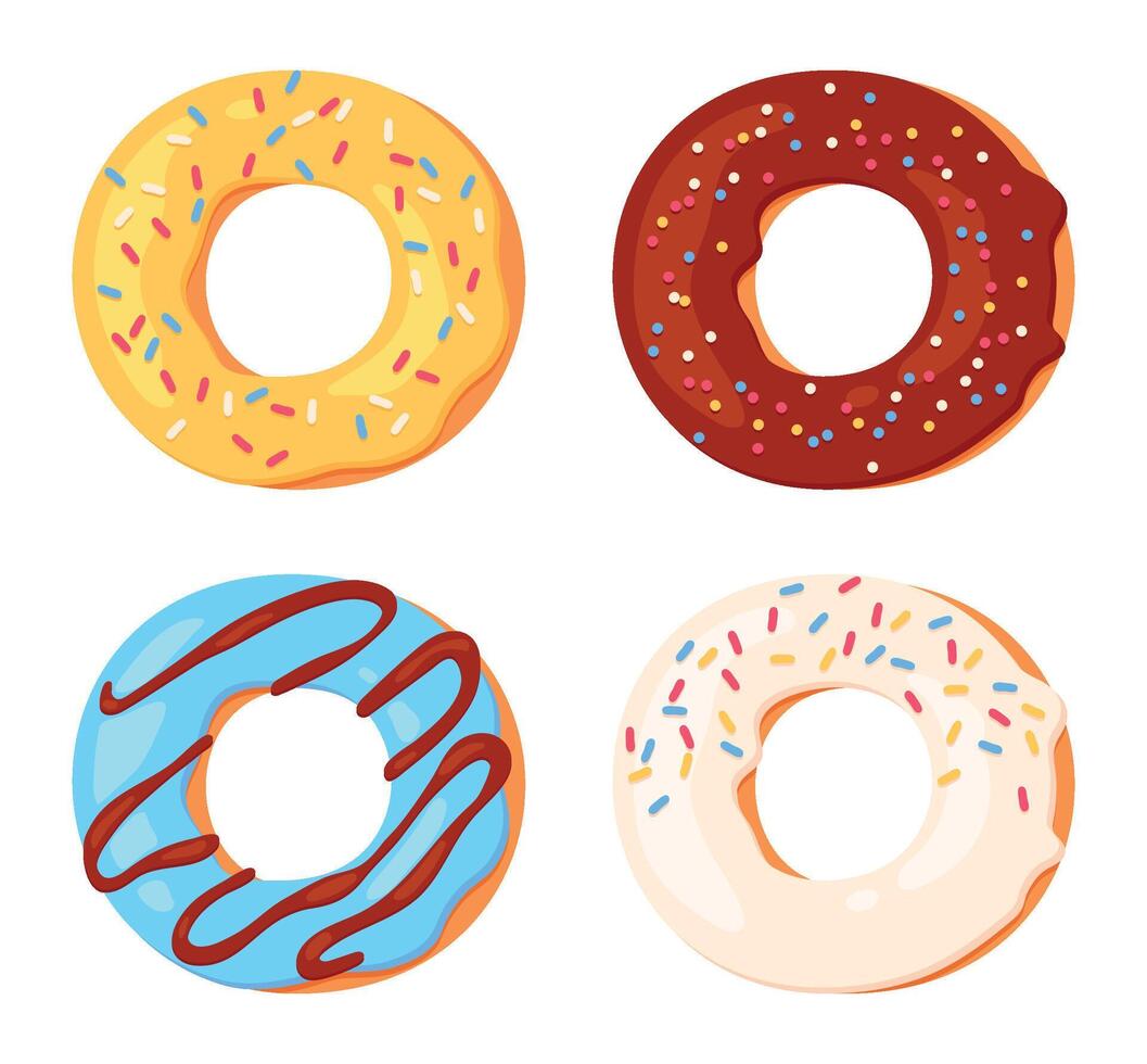 Cartoon donuts with colorful icing. Doughnuts with different taste topping with sprinkles. Glazed sweet dessert vector
