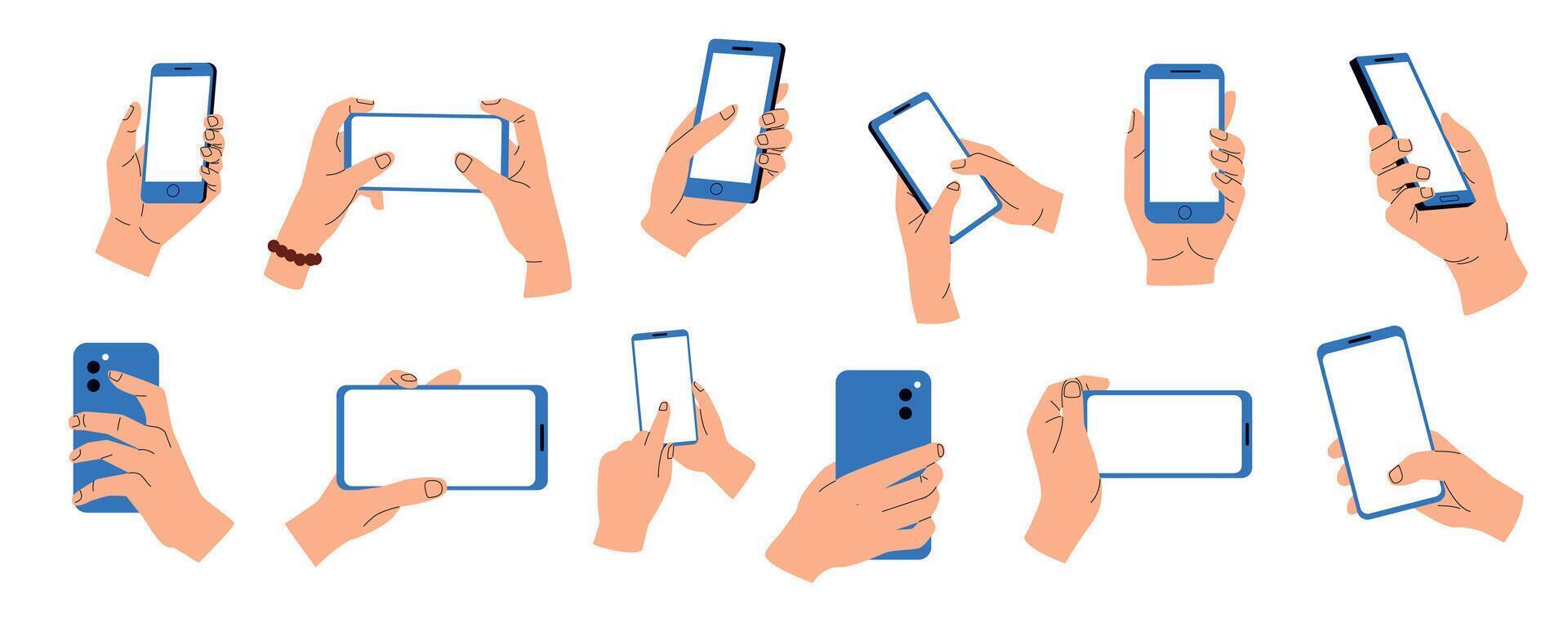 Hands holding phones. Smartphone mobile devices with touchscreen, cartoon palms with fingers using electronic gadgets with empty screens. Vector illustration