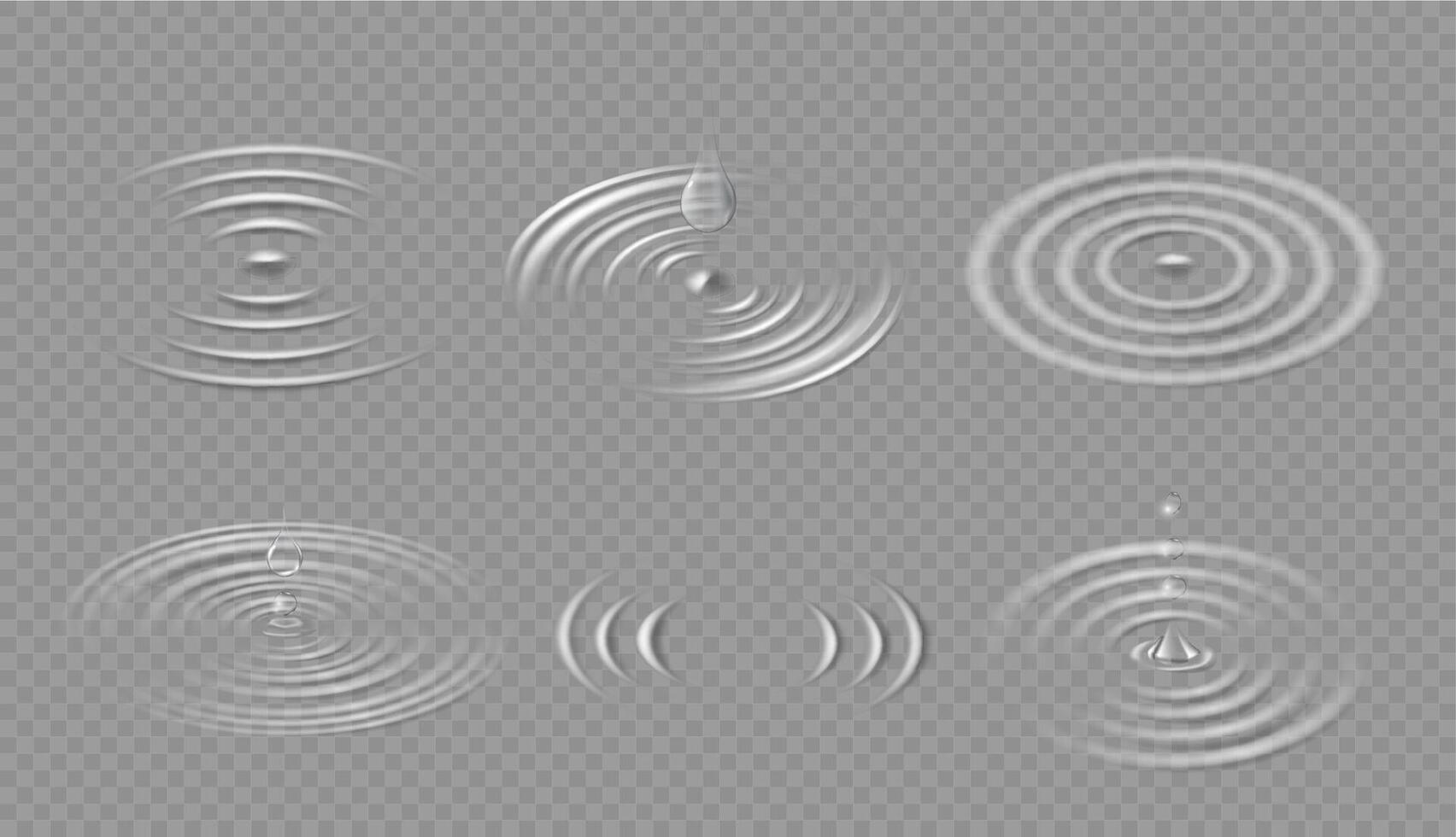 gotas y ondas circular ola en agua superficie. que cae goteo gotita y concéntrico circulo chapoteo en charco. líquido onda vector conjunto