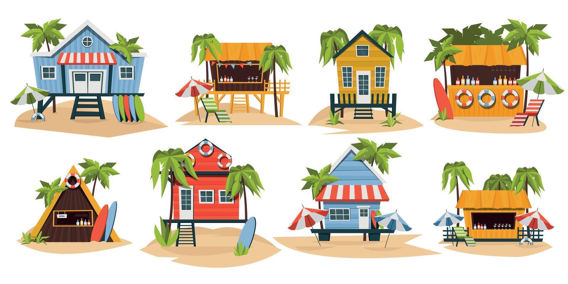 Bungalow on beach set. Tropical island house with palm trees, beach hut with surfboard and sand. Vector summer vacation paradise isolated collection