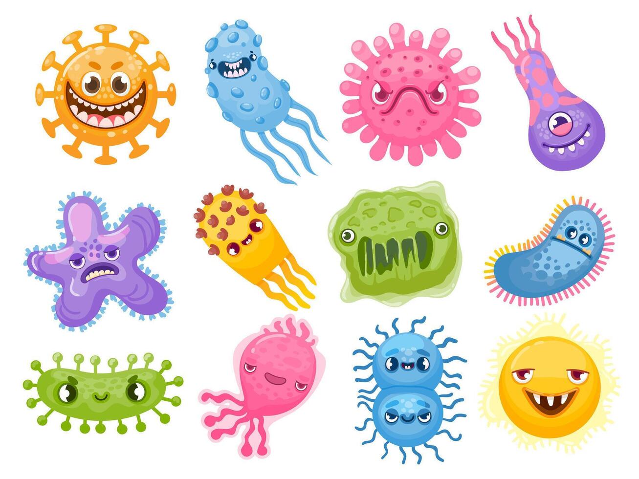 Cartoon viruses. Germ and bacteria with evil faces. Bad pathogen microbe character. Coronavirus and flu disease bacterium monster vector set