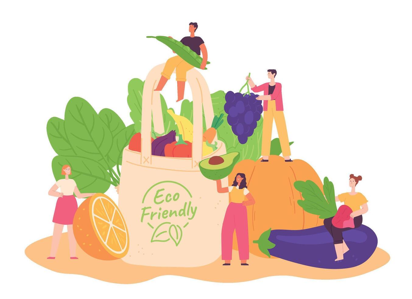 Eco bag with healthy food. Eco friendly grocery package with fresh and organic vegetables and fruit. Little people vector