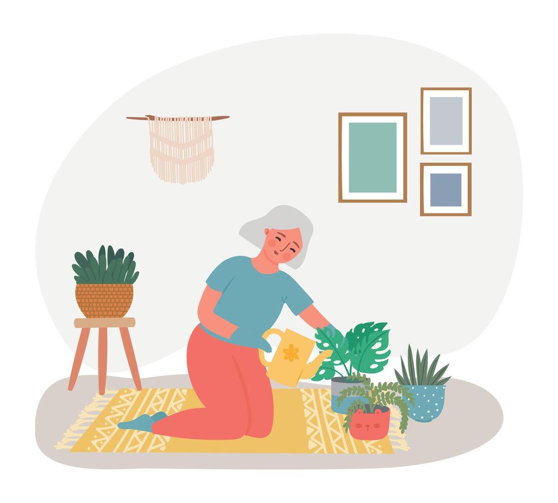 Old people home hobby, gardening with plant vector