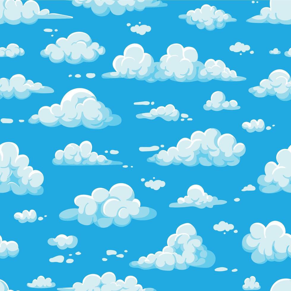 dibujos animados nubes modelo. sin costura impresión de verano azul soleado cielo con mullido cúmulo nubes, cielo cielo antecedentes. vector textura