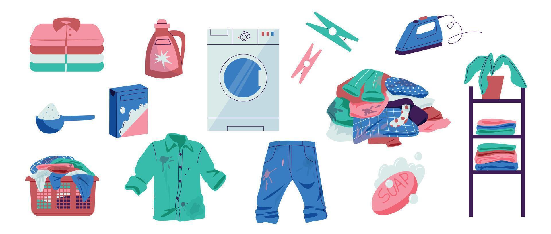 hogar lavadero. dibujos animados sucio lavandería en Lavado máquina, lavandería cesta con ropa, detergente lavadora y lejía. vector plano conjunto