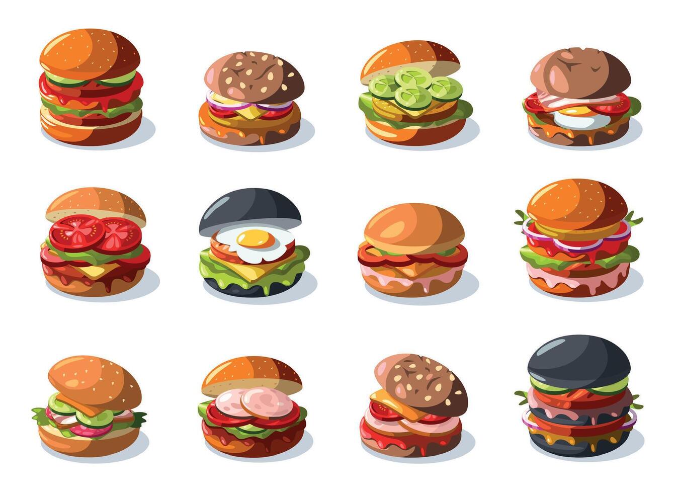 Burger collection. Cartoon raw beef sliced sandwich with lettuce tomato cheese, fast food meal with sauce. Vector burger with different ingredients
