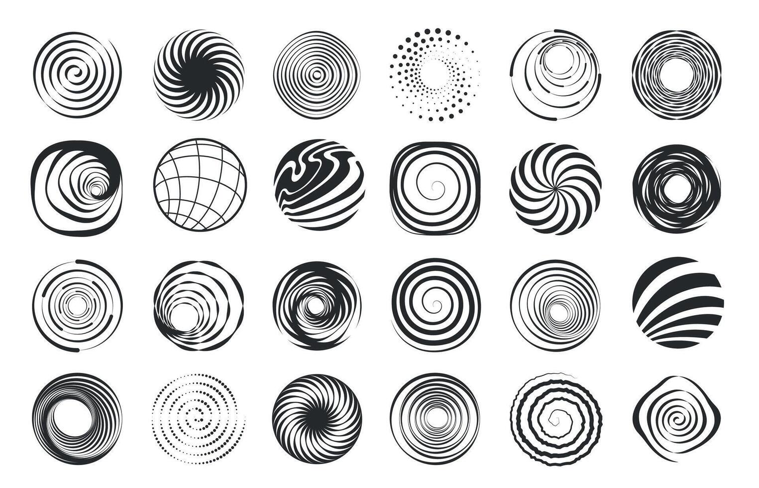 Spiral shapes. Abstract swirl geometric figures, modern wavy circle spiral abstract elements, motion black border design elements. Vector set