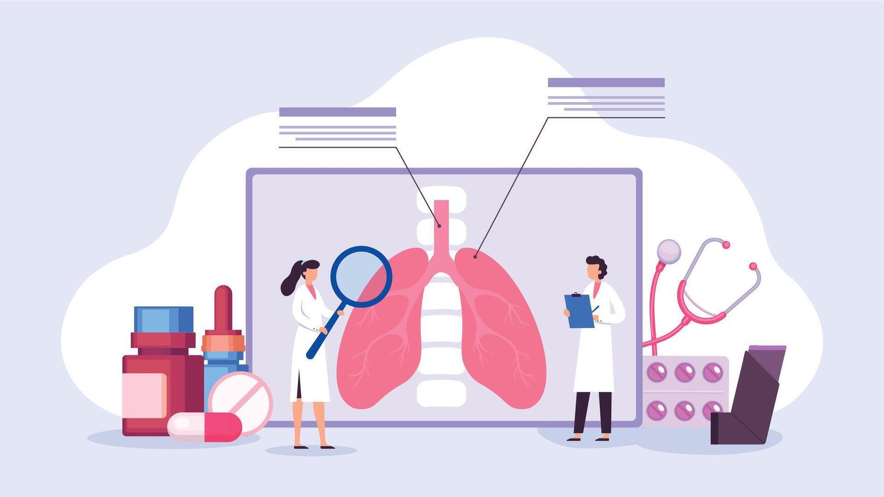 Concept with doctors check diagnosis. Female and male medical workers checking lungs with magnifying glass, prescribing pills vector