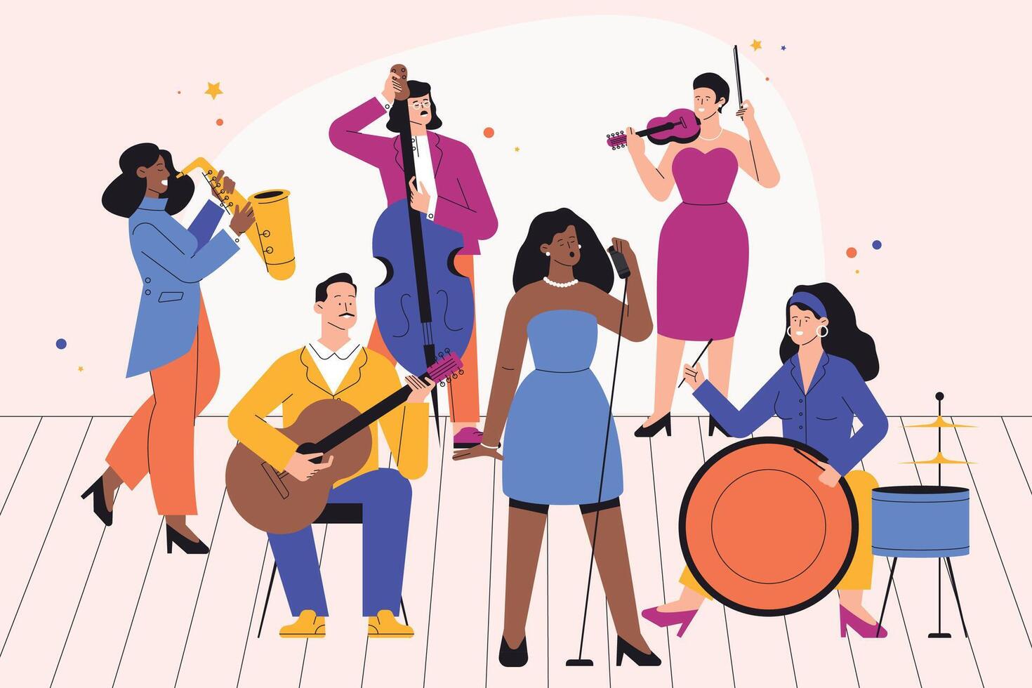Music band playing. Musicians playing guitar, saxophone and drums, musicians playing classical music. Vector band concert illustration