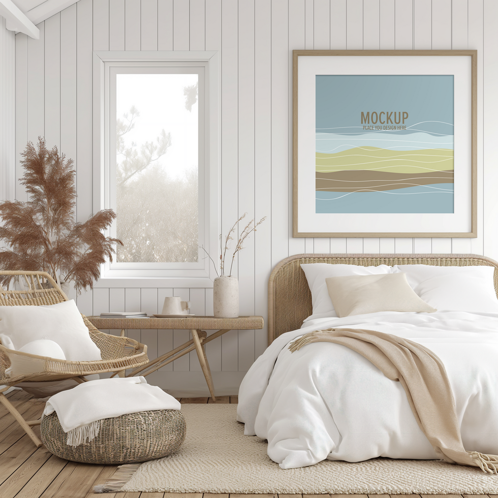 Photo frame mockup in bedroom psd