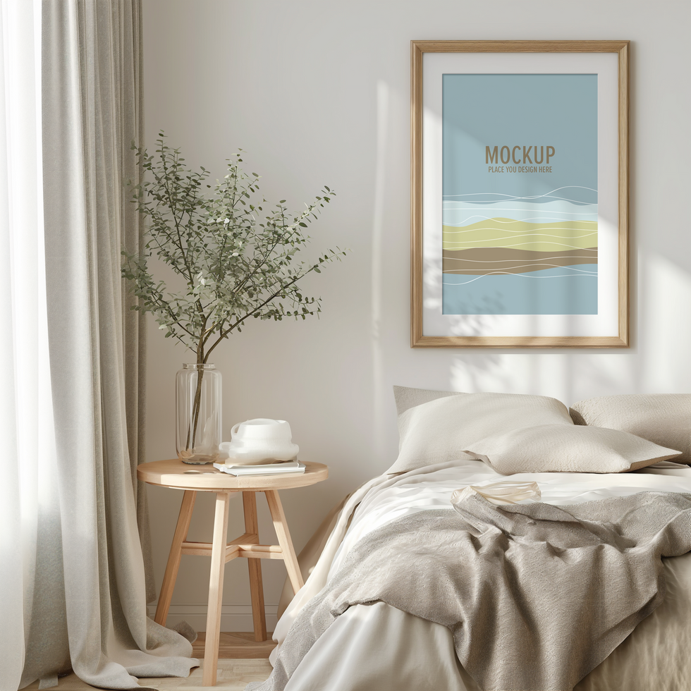 Photo frame mockup in bedroom psd