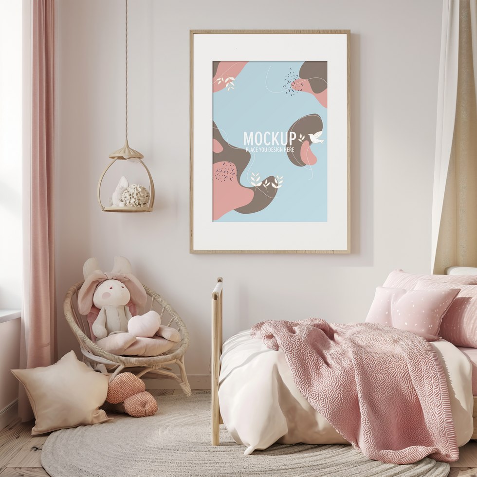 One vertical photo frame mockup in little girl bedroom, soft pink items psd