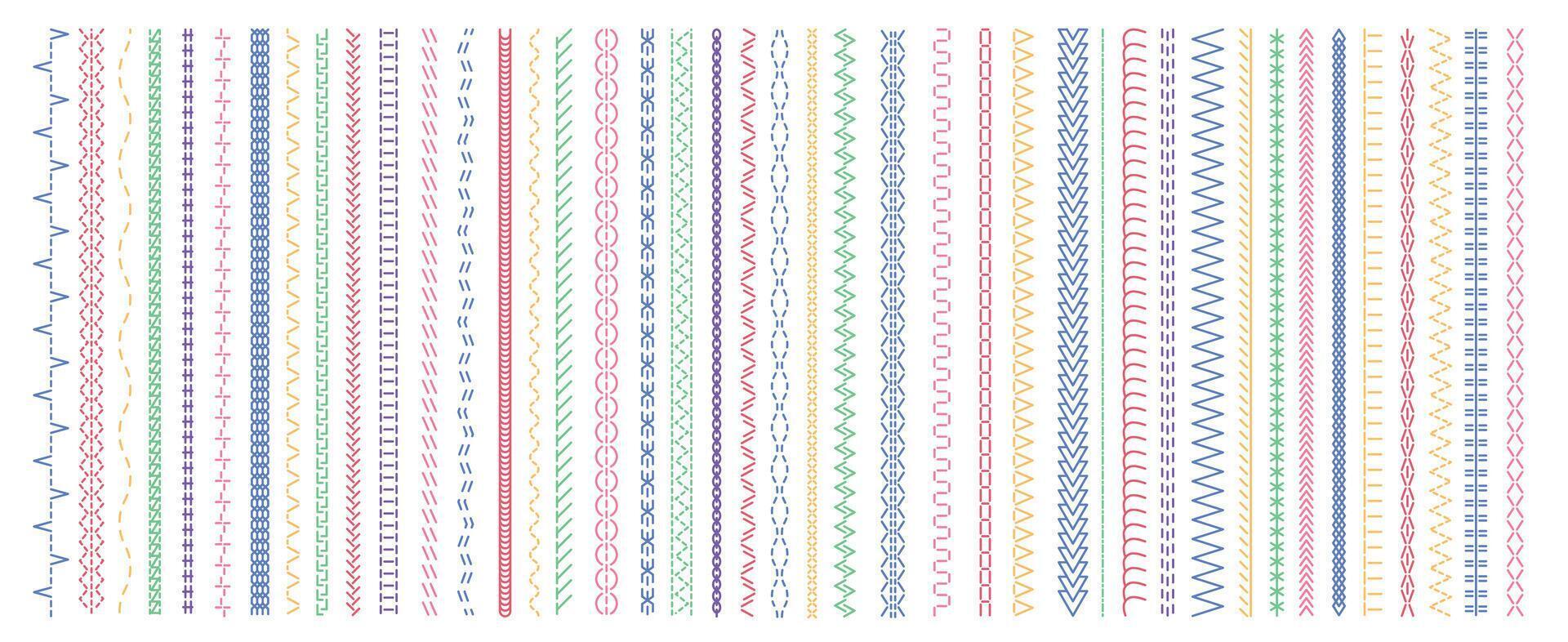 Colorful stitches pattern. Seam and straight embroidery cross variations, brush stitching zigzag and zag borders, fabric decoration. Vector isolated set