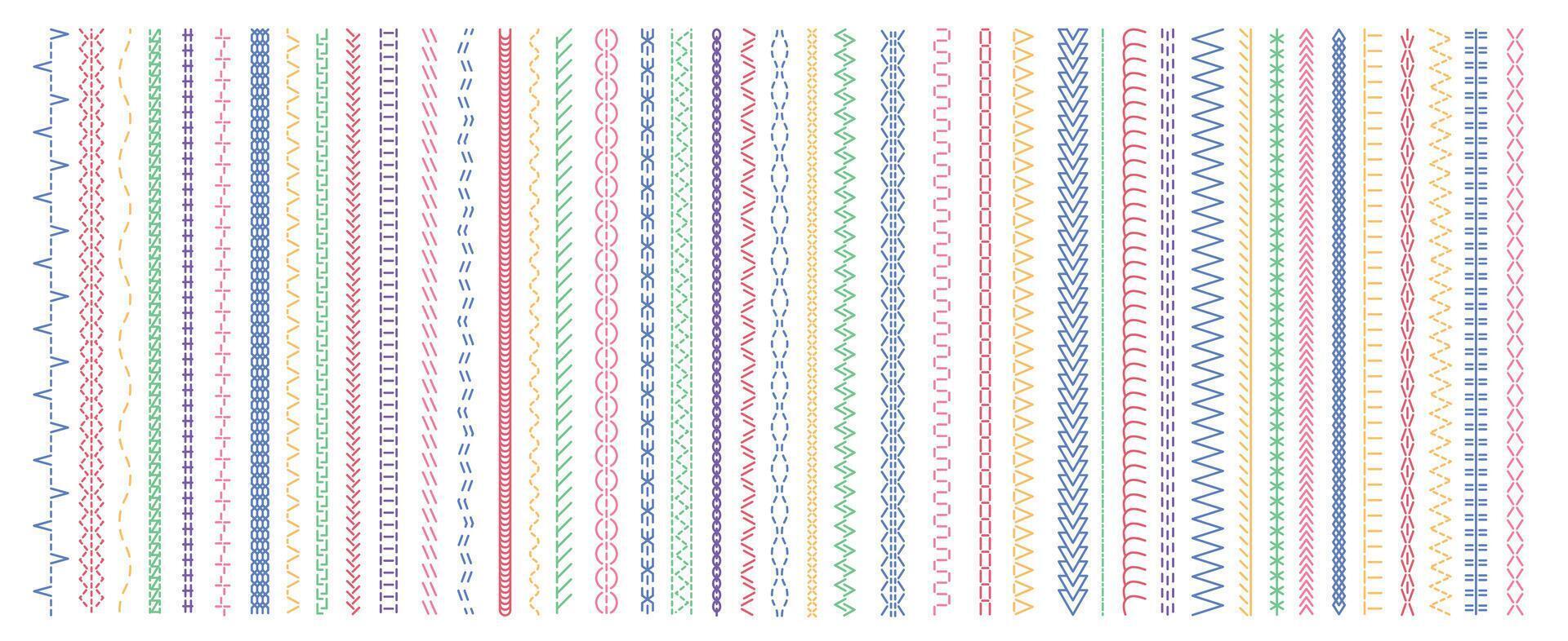Colorful stitches pattern. Seam and straight embroidery cross variations, brush stitching zigzag and zag borders, fabric decoration. Vector isolated set