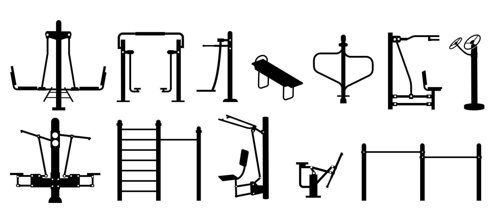 Outdoor workout equipment silhouette. Fitness gym equipment horizontal bar, outdoor fitness bar with machines and fitness equipment. Vector illustration