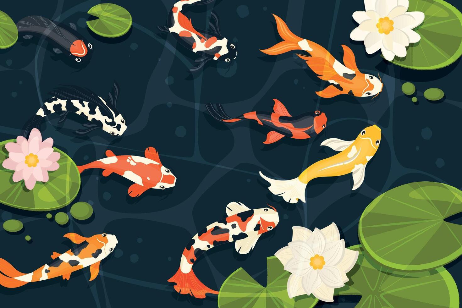 Pond with koi fish. Exotic decorative goldfish, cartoon chinese carp swimming in lake with lotus flowers in cartoon style. Vector illustration