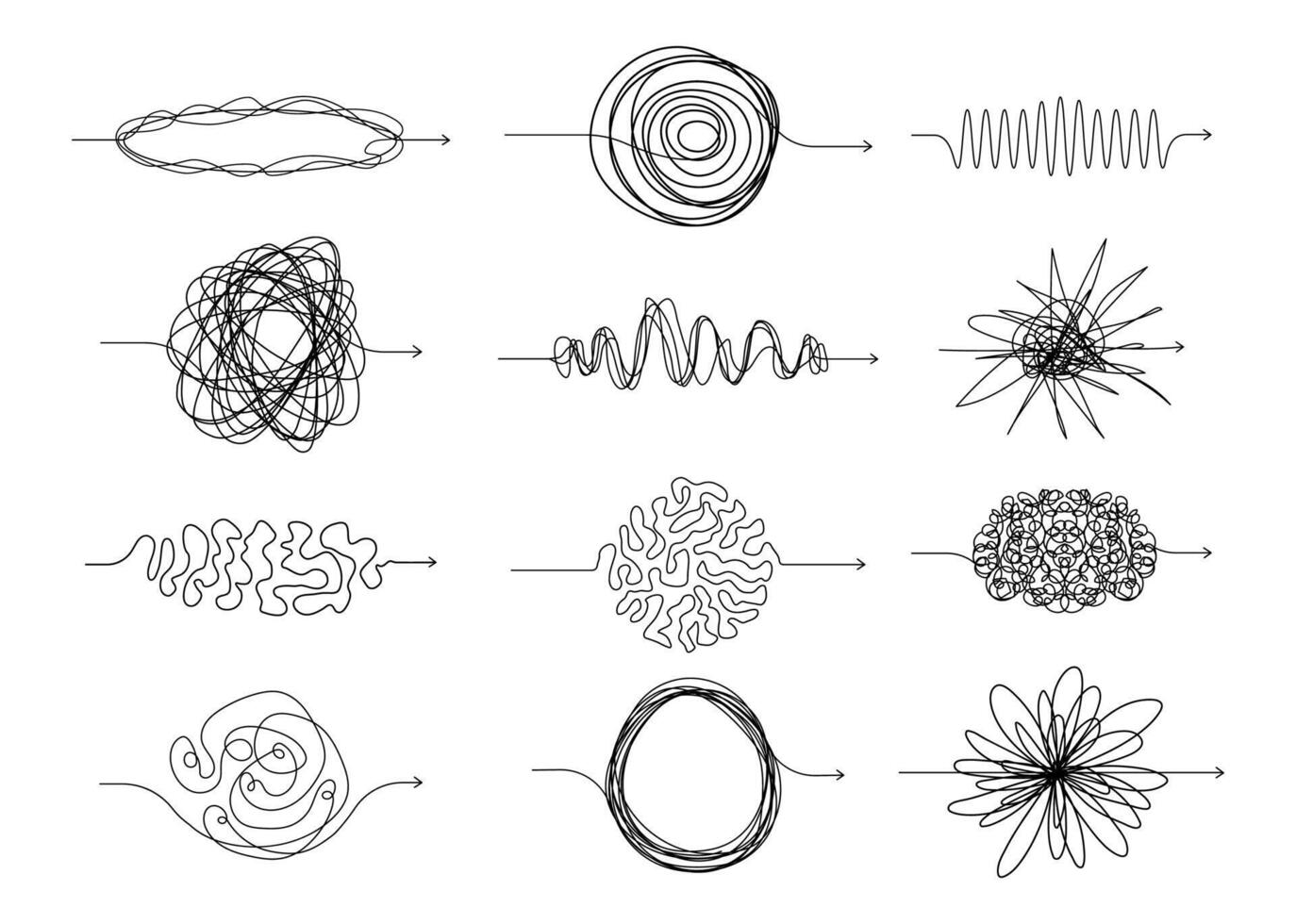 Chaotic line arrows. Doodle chaos simple drawn symbols, confused messy knot tangle scribbled lines. Vector isolated set