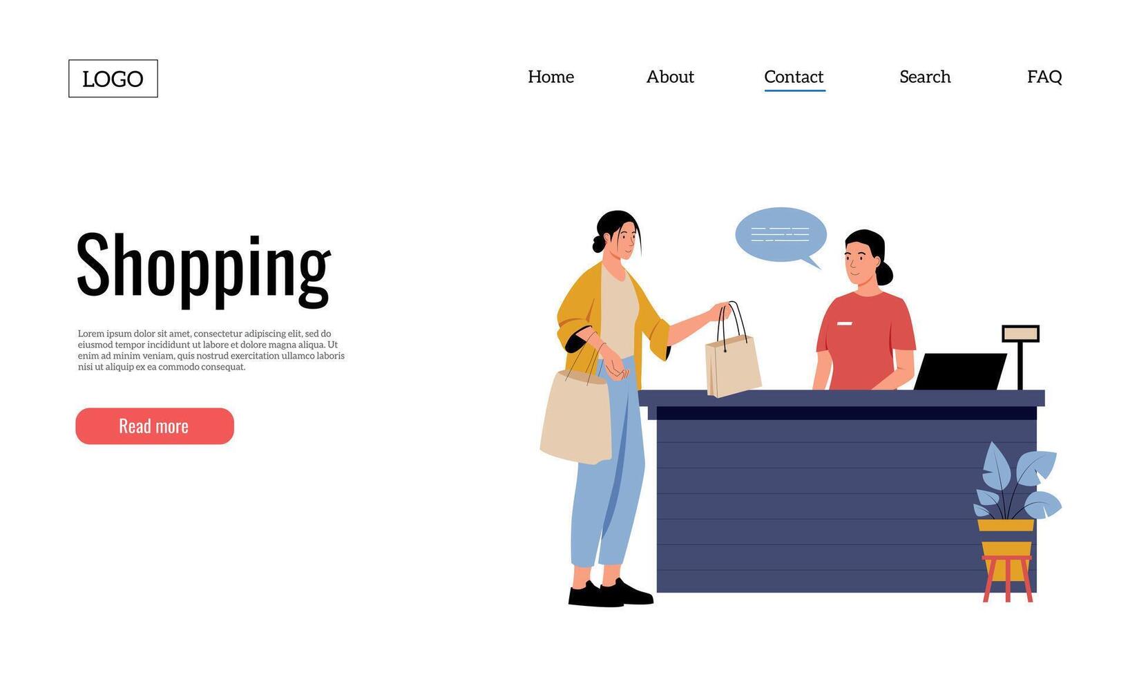 Clothing shop landing page. Woman buying things at boutique. Customer paying for purchase at getting shopping bag vector