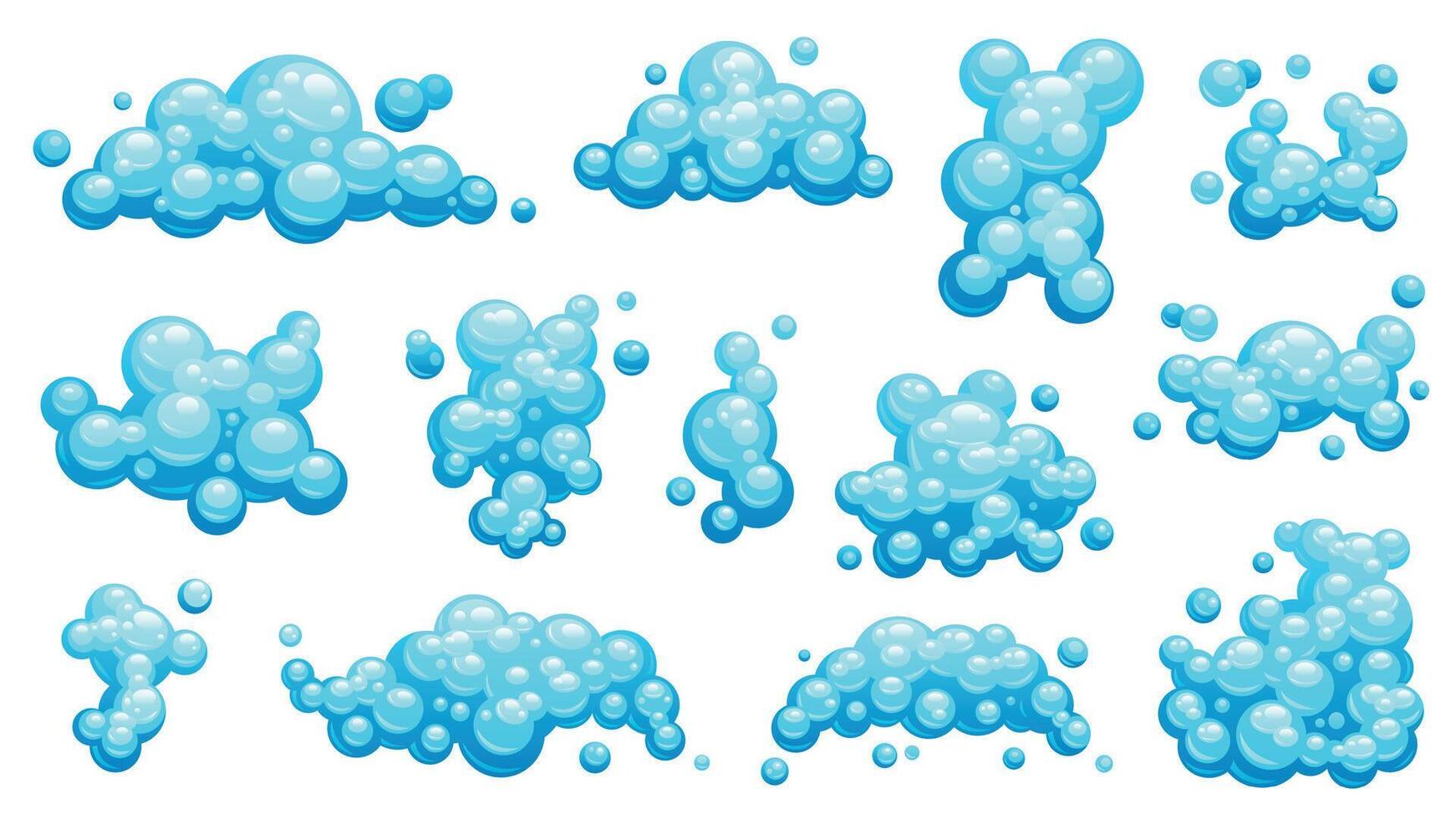 Cartoon shampoo foam set. Soapy bubbles and steam, shampoo foam and bubbles in shower, bubble foam and steam in water. Vector colorful isolated collection