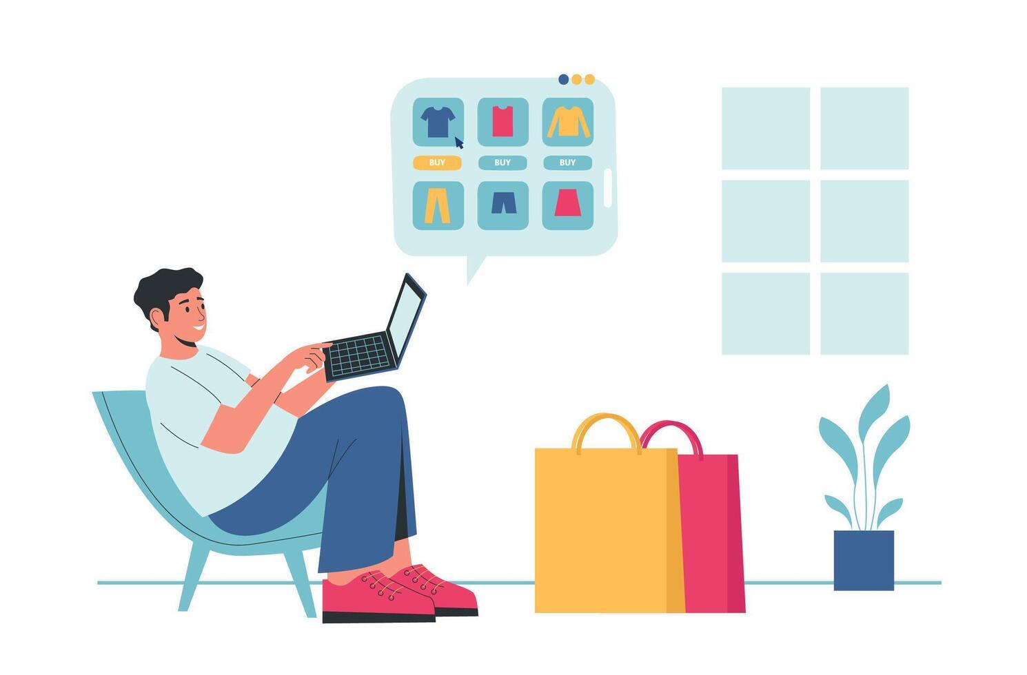 en línea compras. hombre sentado con ordenador portátil y elegir ropa en tienda. chico comprando bienes en Internet. masculino personaje vector