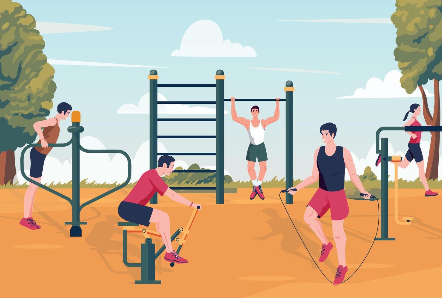 al aire libre rutina de ejercicio grupo. personas corriendo y extensión, aptitud Atletas haciendo ejercicios en parque, dibujos animados gimnasio escena con mancuernas vector