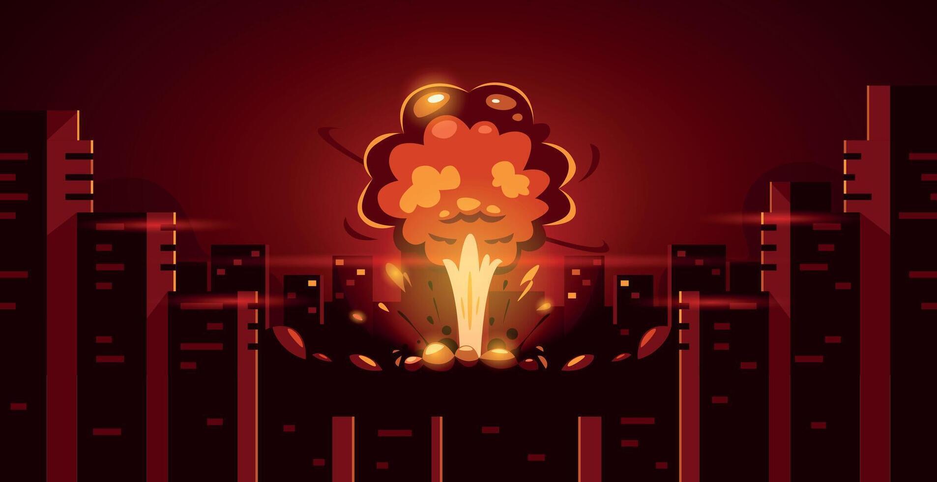 Cartoon explosion in city. Nuclear armageddon with fire and smoke in the middle of town, catastrophe with explosive fire wave. Vector set