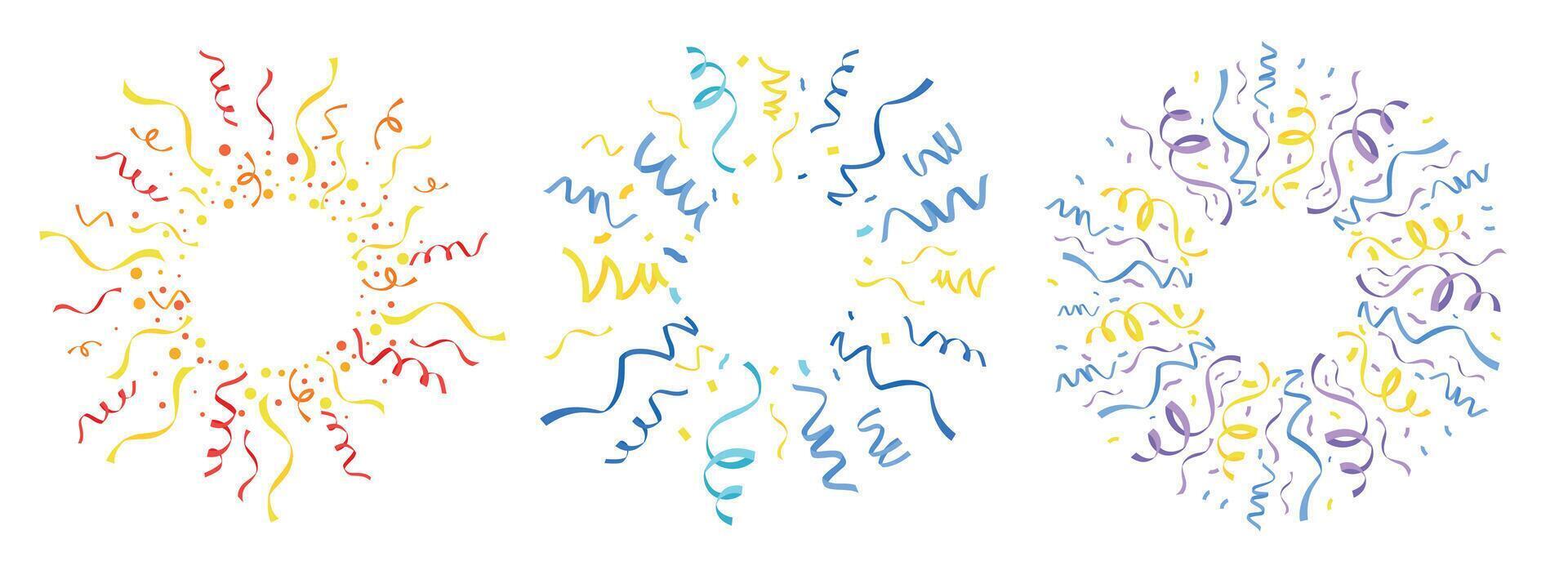 Circle ribbon confetti frames. Cartoon border elements with falling sparkle stars, festive party decoration elements with falling glitter. Vector colorful set