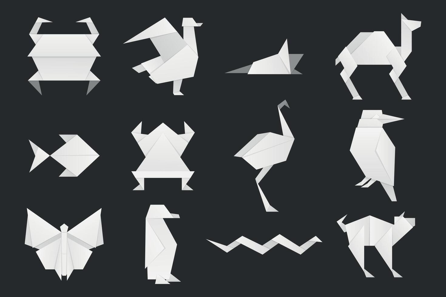 blanco origami animales linda doblada origami animales, tradicional oriental papel Arte rana paloma pescado cisne camello mariposa plano estilo. vector colección