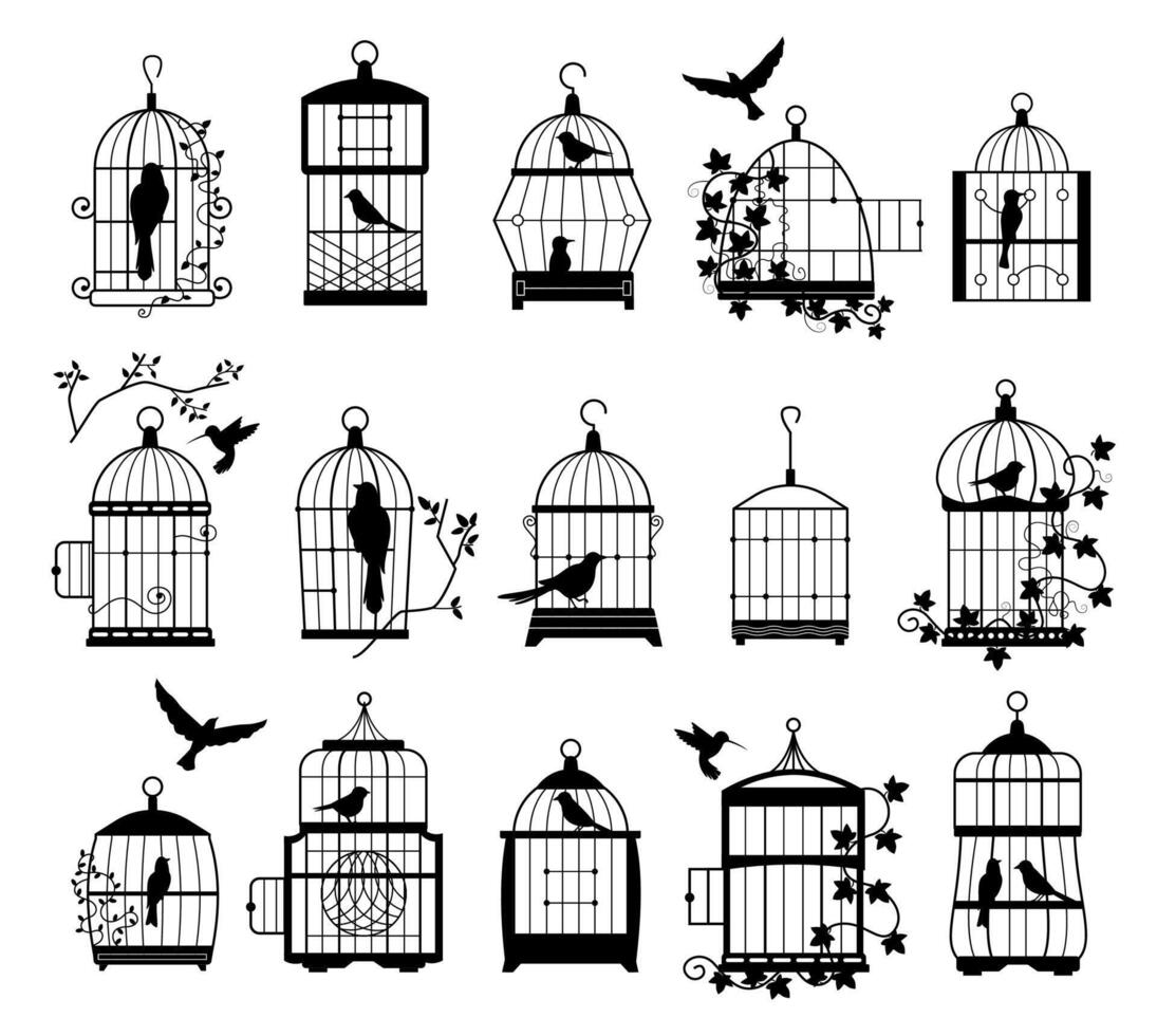 Bird cages with birds silhouettes. Black wall decals with flying birds in cages, minimalistic decorative art for interior. Vector isolated collection