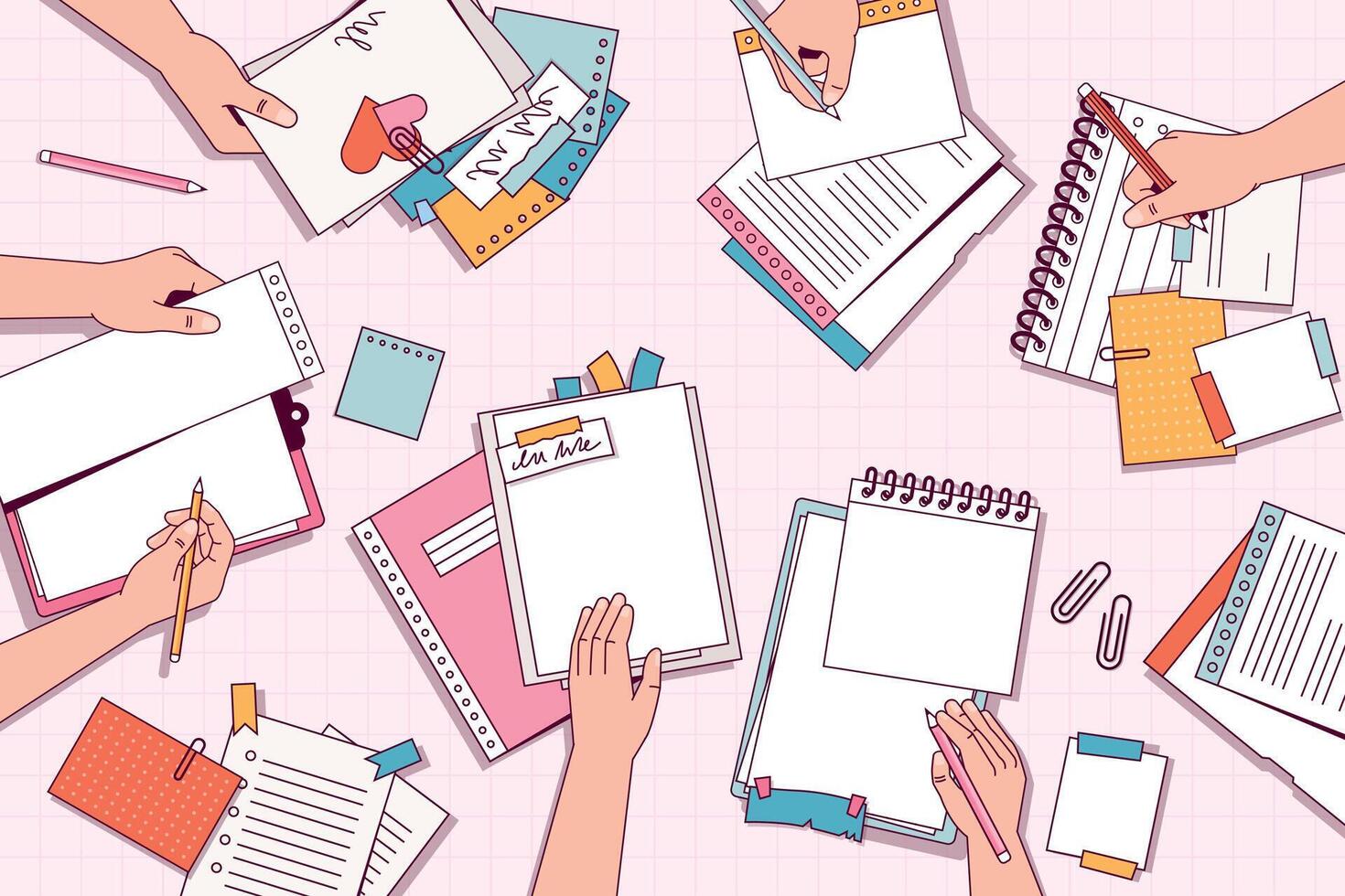 Team work table view. Working group with colleagues at desk, group study and class learning concept. Vector illustration