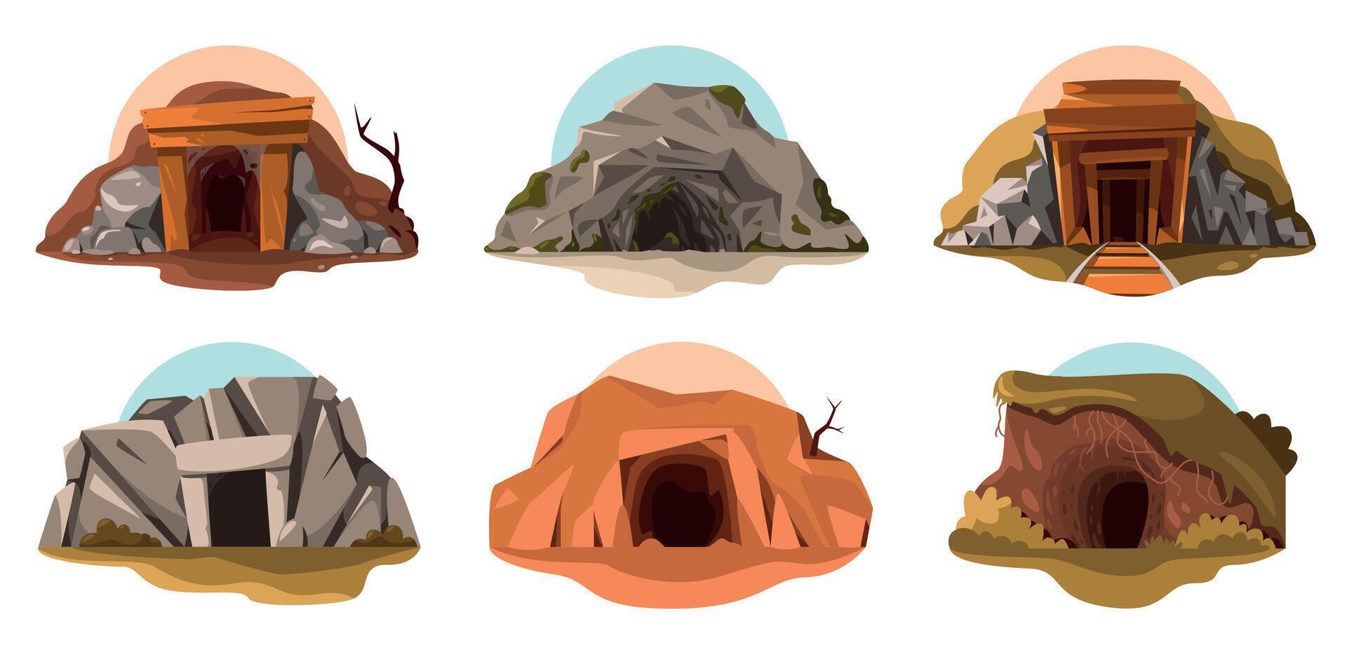 Cave entrance. Cartoon ancient mine with wooden door, prehistoric abandoned cavern with rock ground and dirt. Vector isolated set