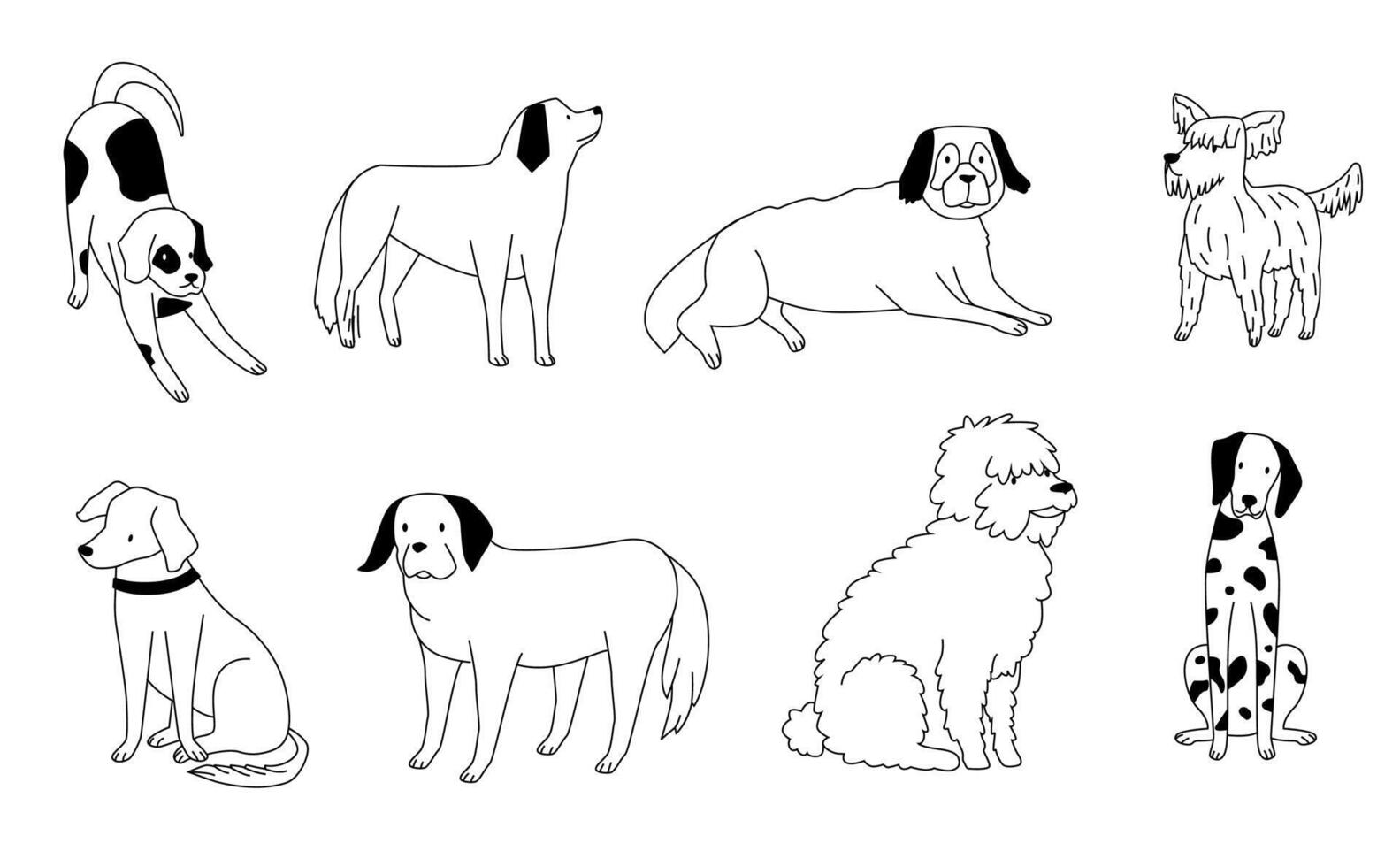 Cute doodle dog. Outlined black puppies in various positions. Hand drawn playing, running and lying. Adorable animal friends vector