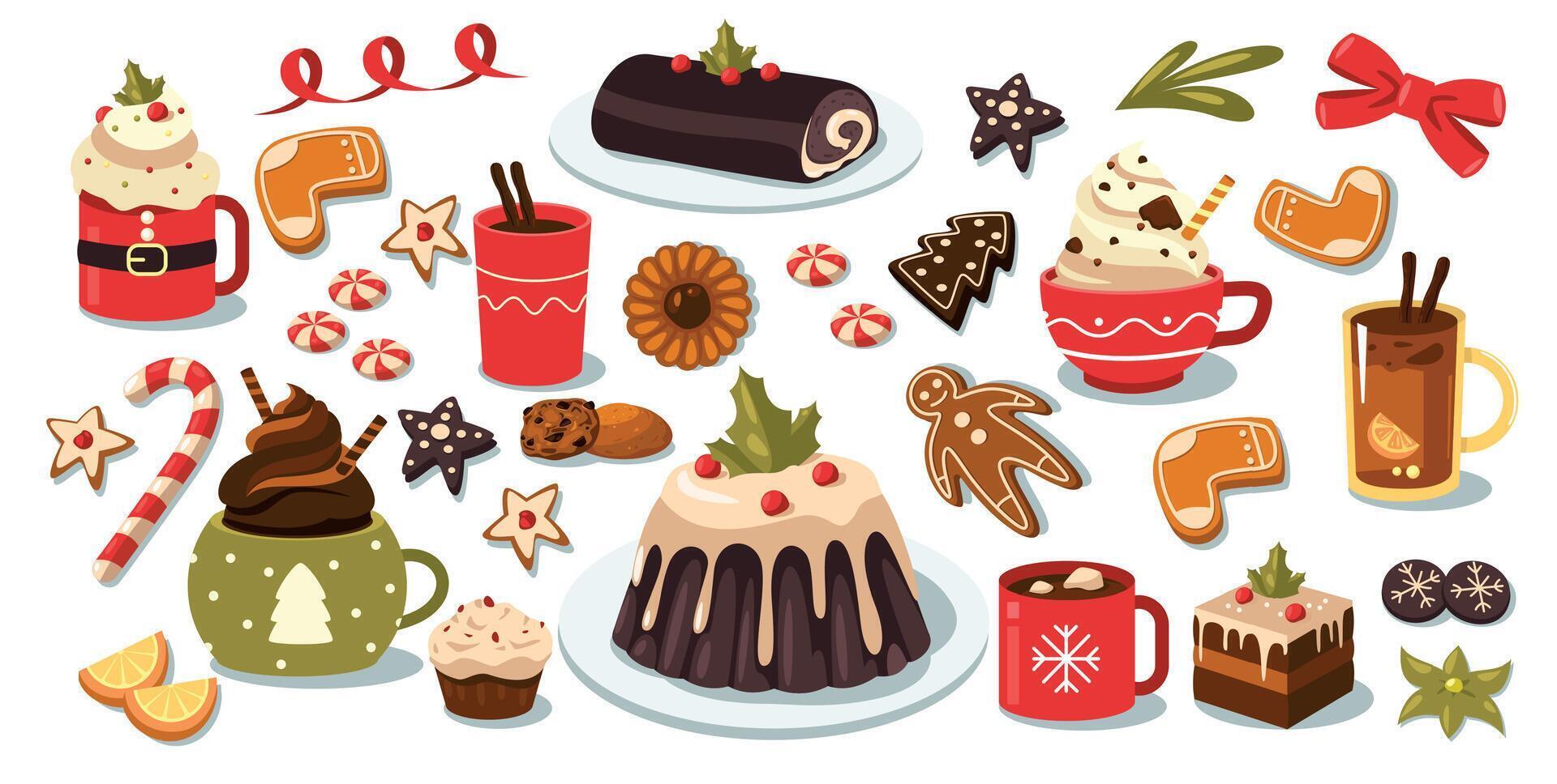 Navidad dulces y bebidas dibujos animados invierno fiesta tradicional alimento, taza de caliente chocolate con Malvaviscos, flor de pascua planta y acebo bayas. vector conjunto