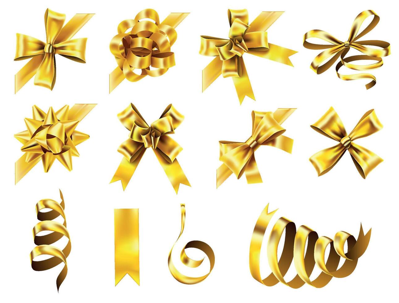Decorative corner bow. Golden favor ribbon, yellow angle bows and luxury gold ribbons vector