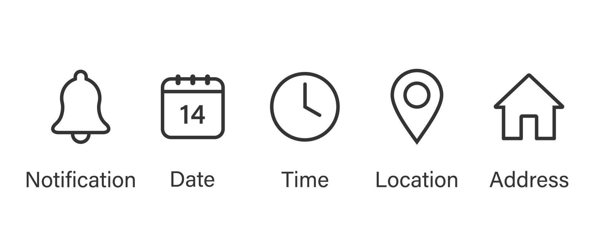 Bell, clock, calendar, location, and address icons symbol. vector