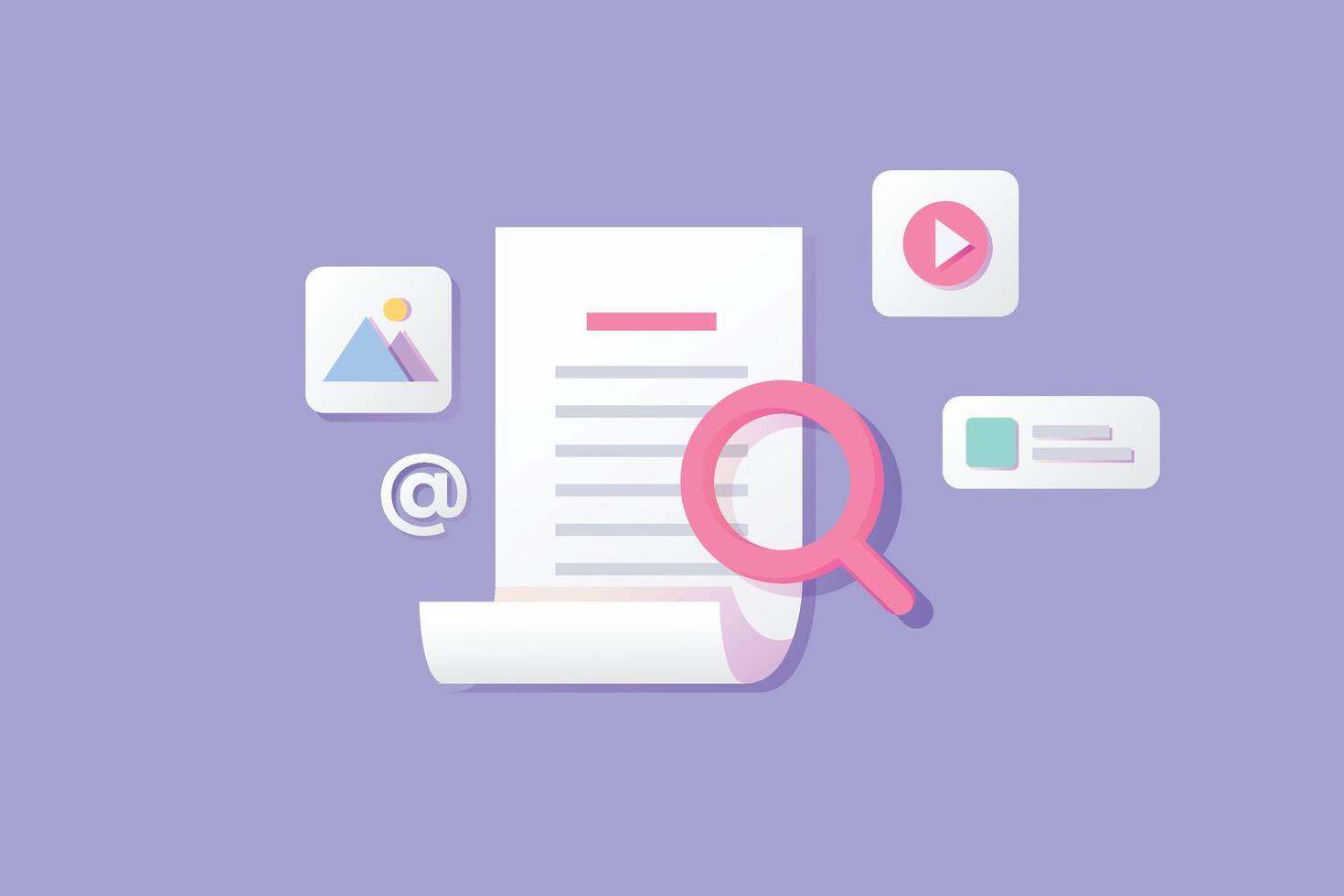 Flat design illustration of content analysis with a document under a magnifying glass, surrounded by multimedia and communication icons, on a purple background vector