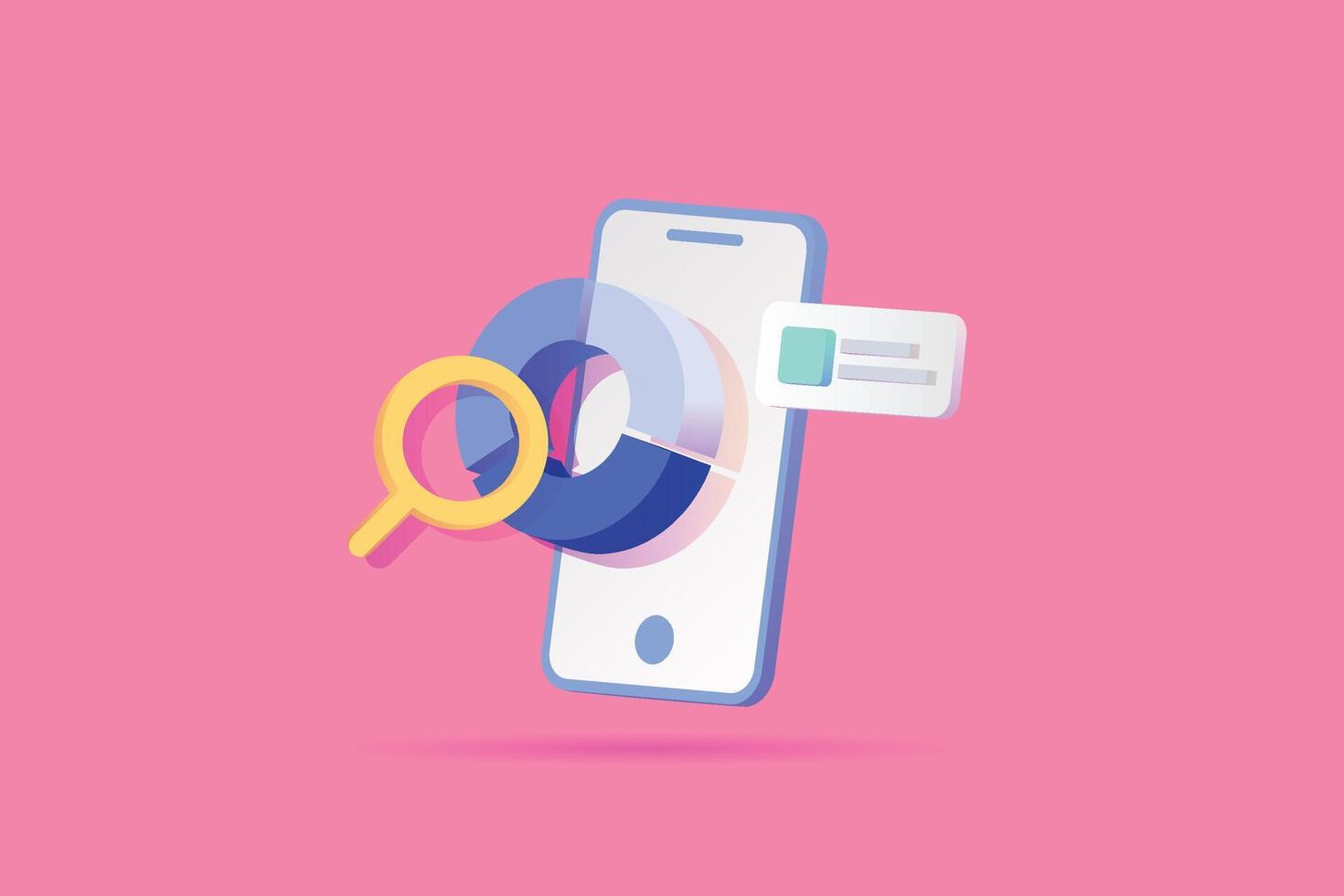 Modern flat design illustration featuring a smartphone with statistical pie chart and magnifying glass, symbolizing mobile analytics, data research, and report visualisation on a pink background vector