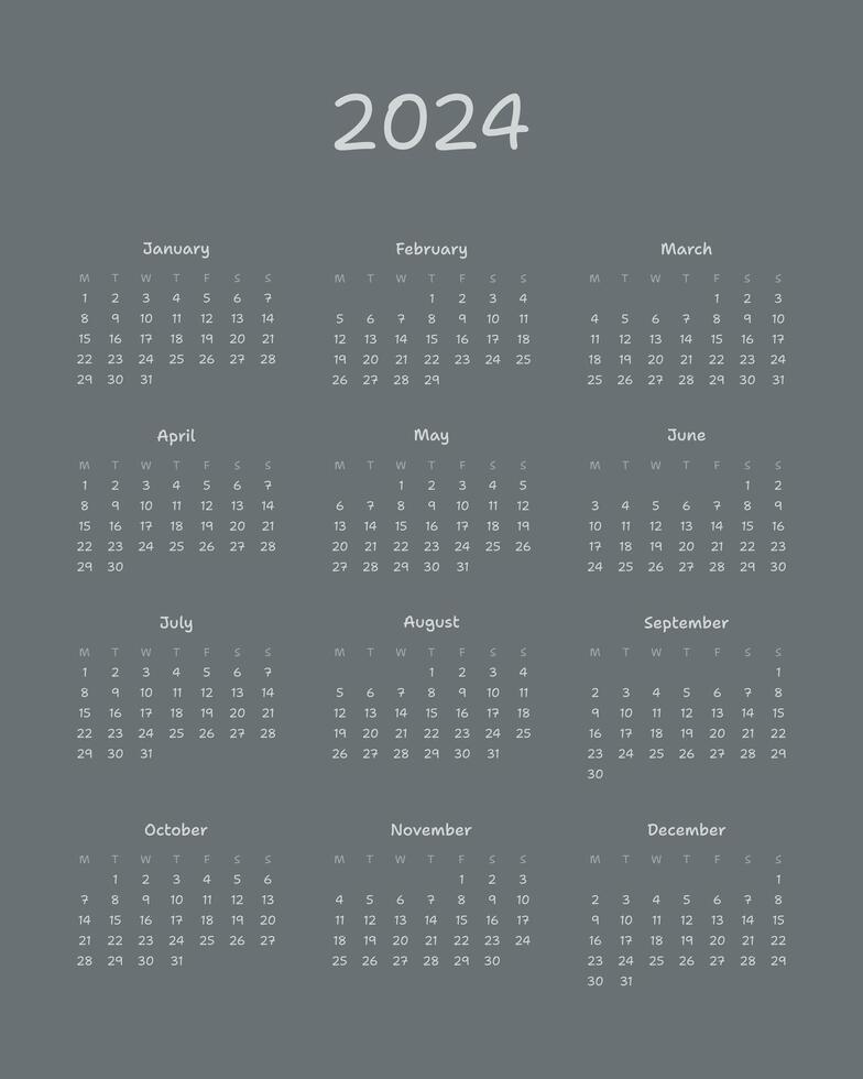 2024 calendar planner template. Monthly minimalistic calendar at black background vector