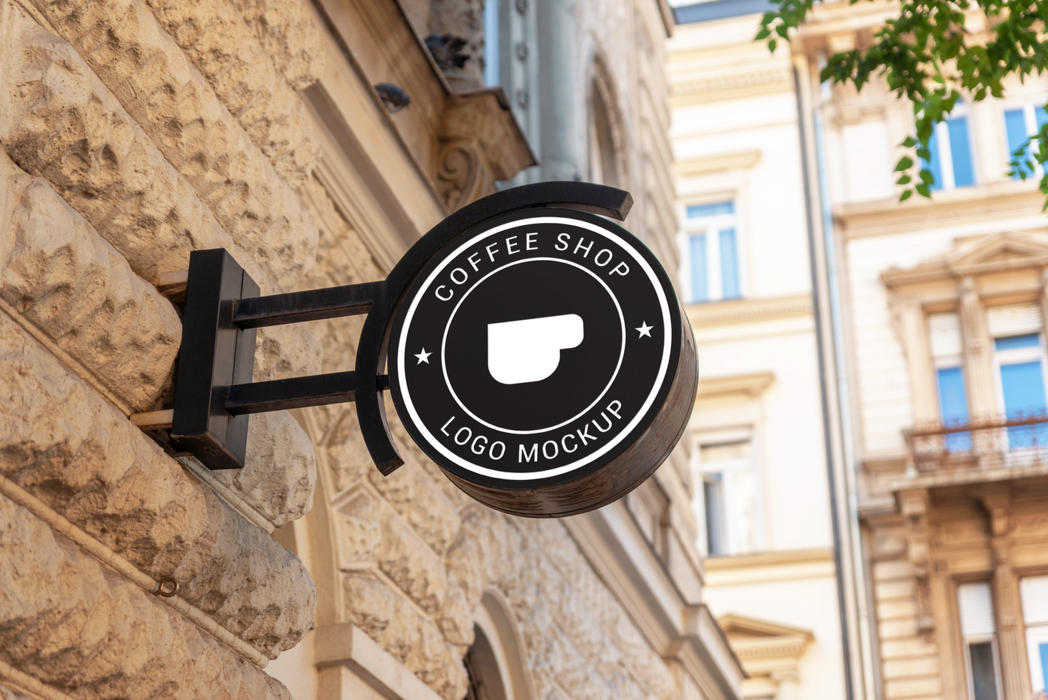 Black circle logo sign mockup stands in a modern city street psd