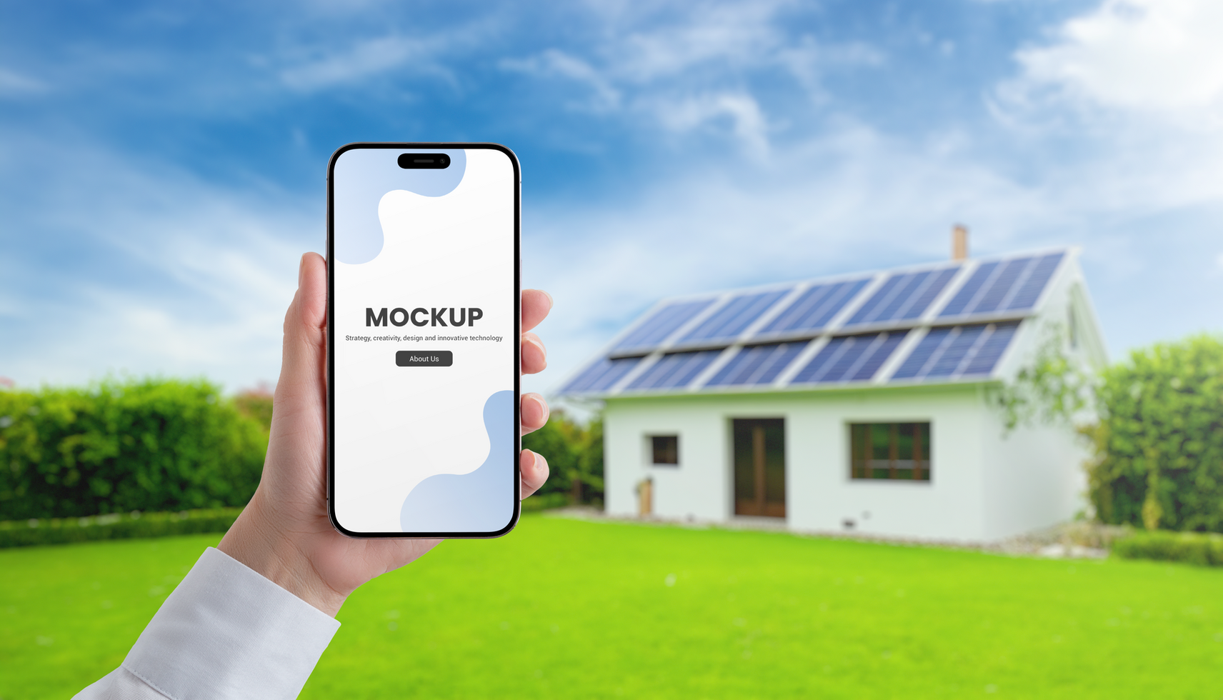 Smartphone mockup. Home with solar panels in background psd