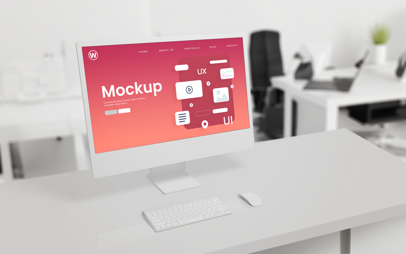 Web design studio page layout elements on modern computer display mockup psd