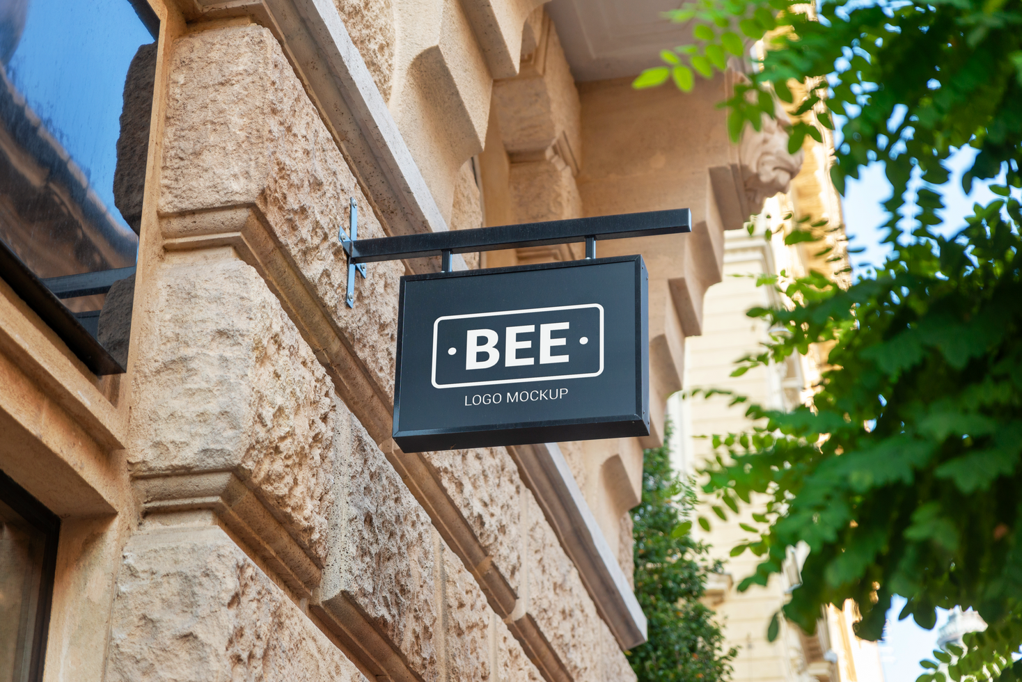 Rectangle signage logo mockup above a shop psd