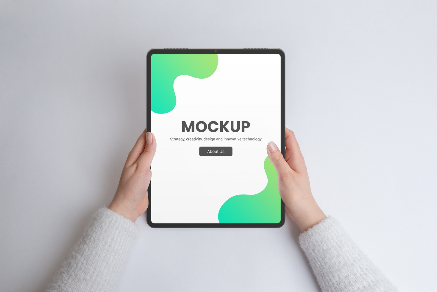 Hands holding a modern tablet mockup in top view, flat lay psd