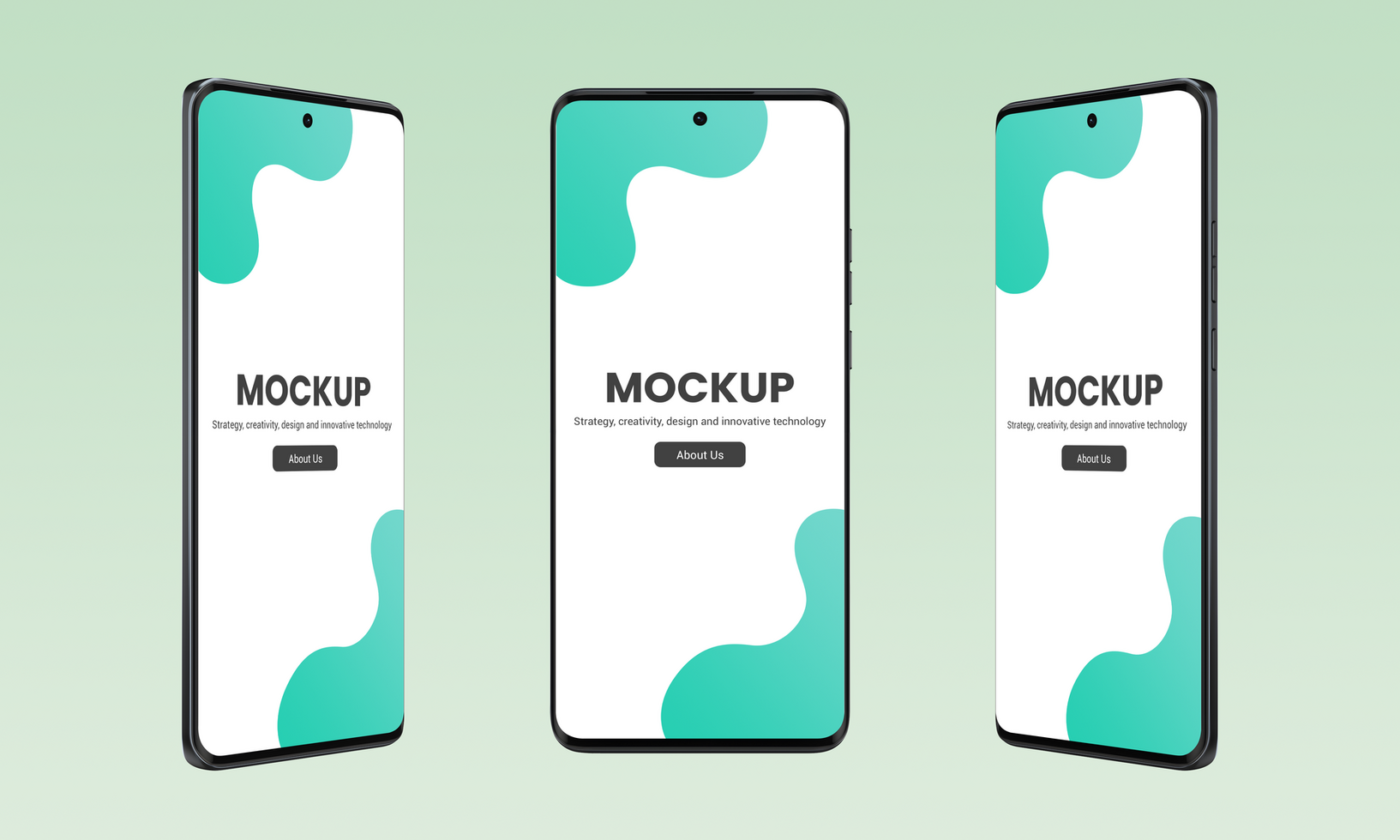 Modern smartphone with thin, round edges in three positions mockup psd