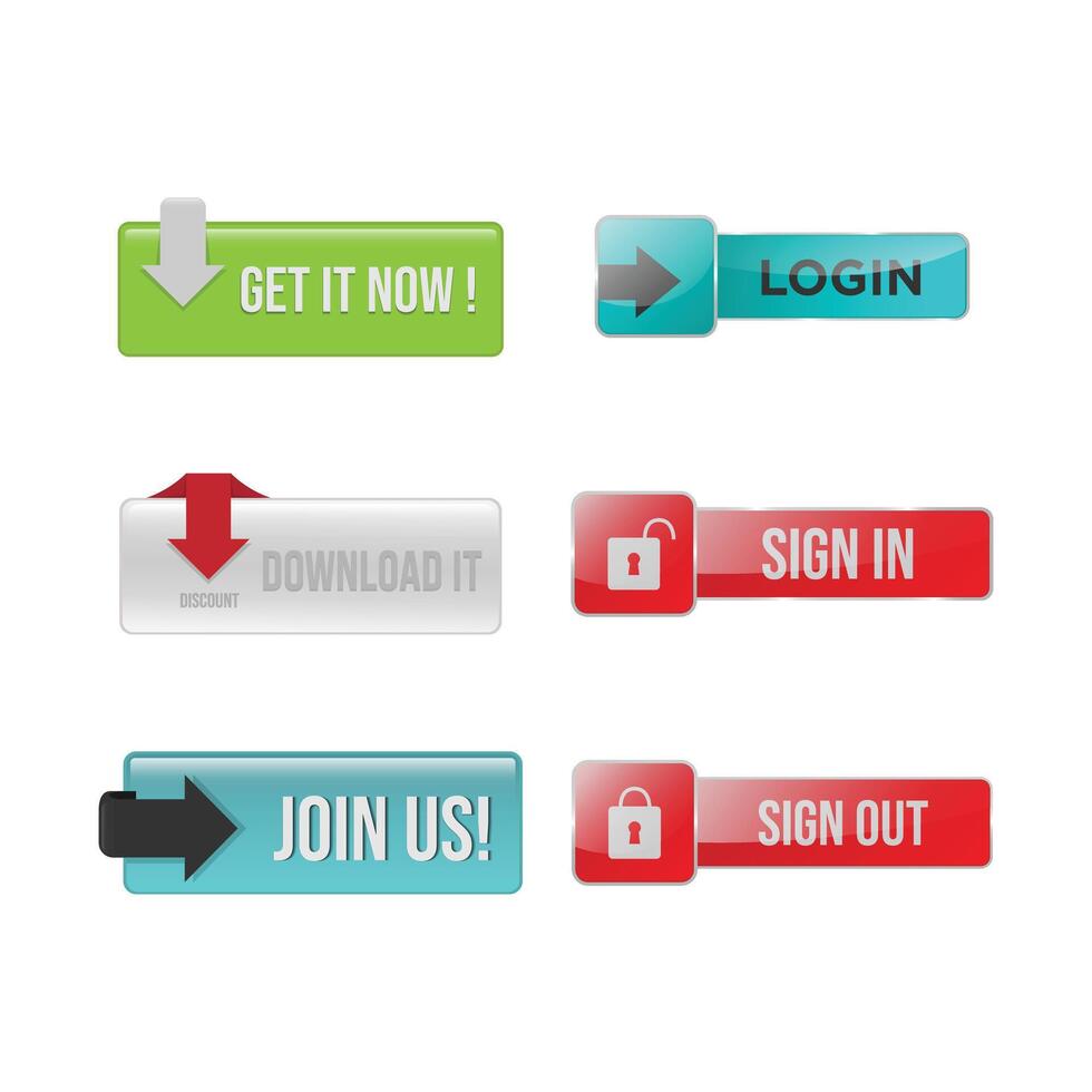 Set of 3D glossy action web button vector design Vector.