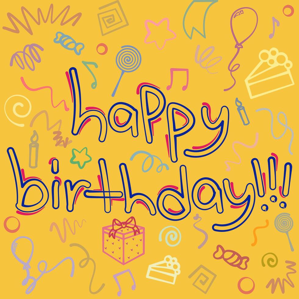 Handwriting happy birthday with cute doodle template poster design. Cute font hand lettering happy birthday with cartoon line art illustration. vector