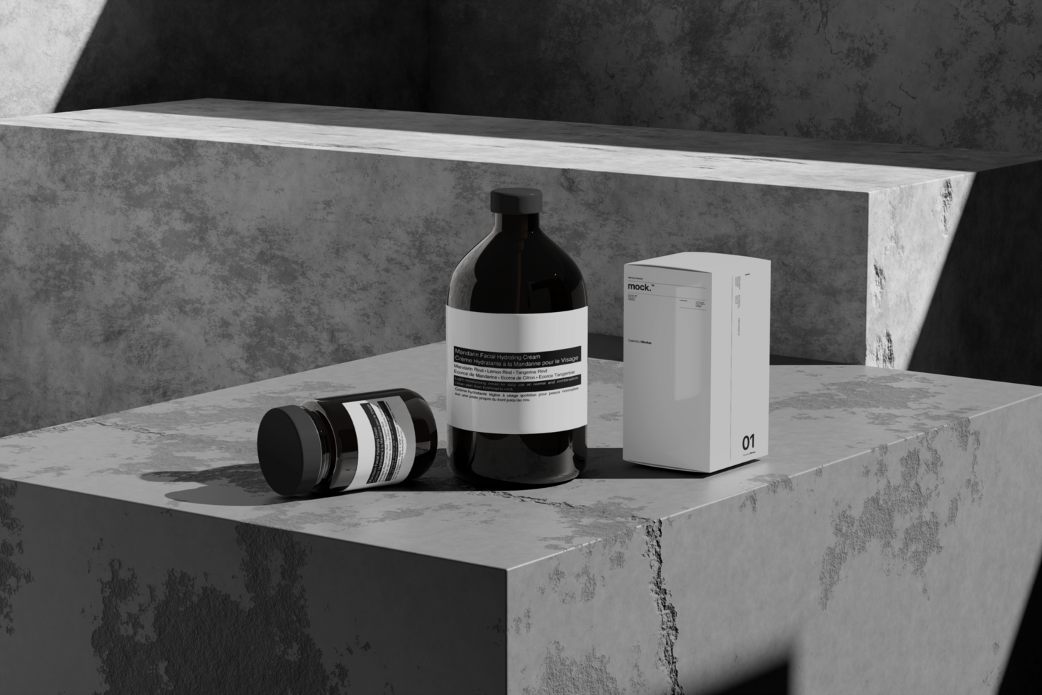 Bottle Mockup and Box Mockup with Realistic Scene and Shadow Background psd