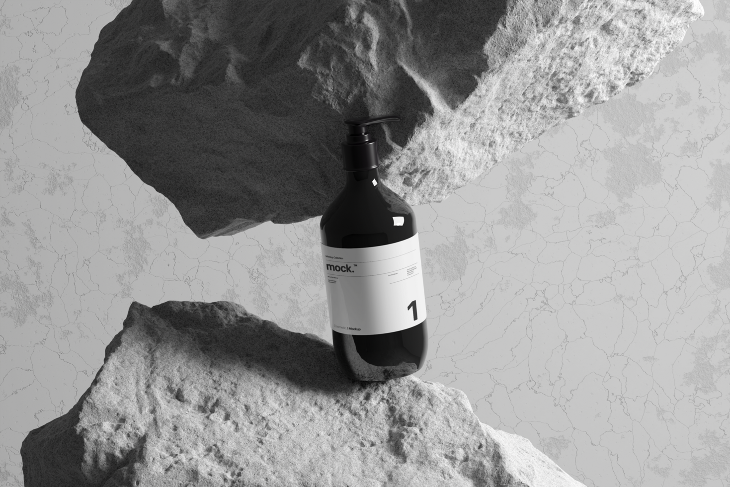 Bottle pump mockup for shampoo product with natural rocks psd