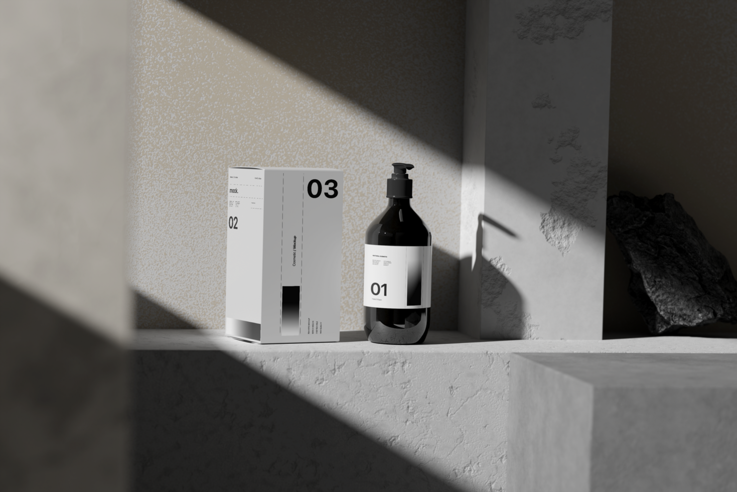 Mockup cosmetic bottle and box with realistic shadow background psd
